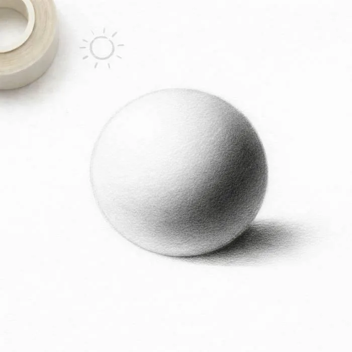 Step 4 of sphere drawing showing darker shadow shading to add depth and realistic form