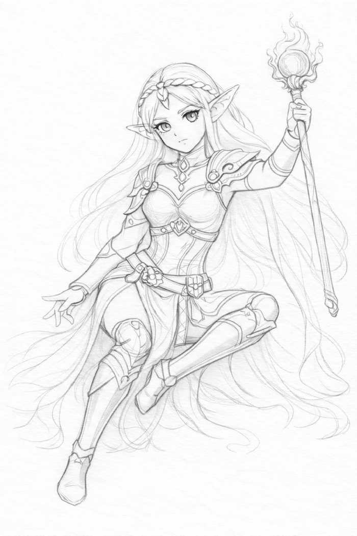Fantasy girl drawing with refined body proportions, balanced pose, and smooth flowing movement