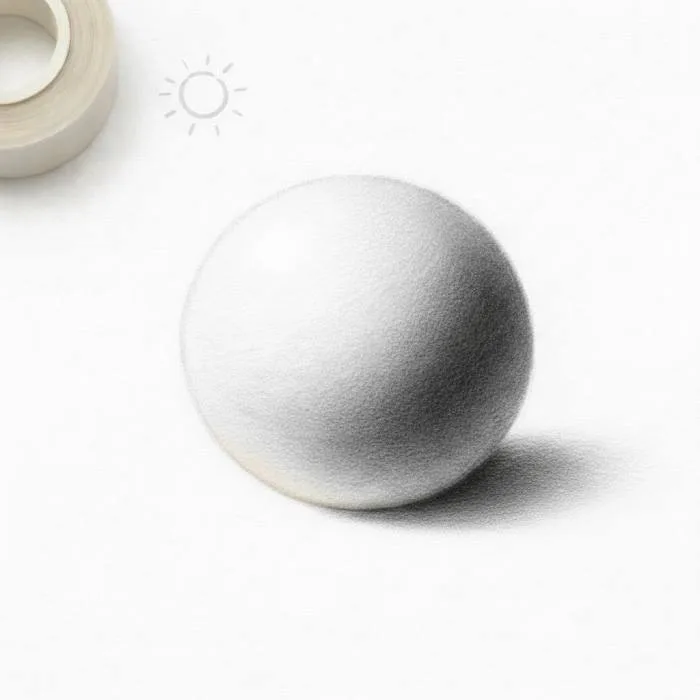 Step 5 of sphere drawing showing cast shadow under the sphere to create realistic grounding