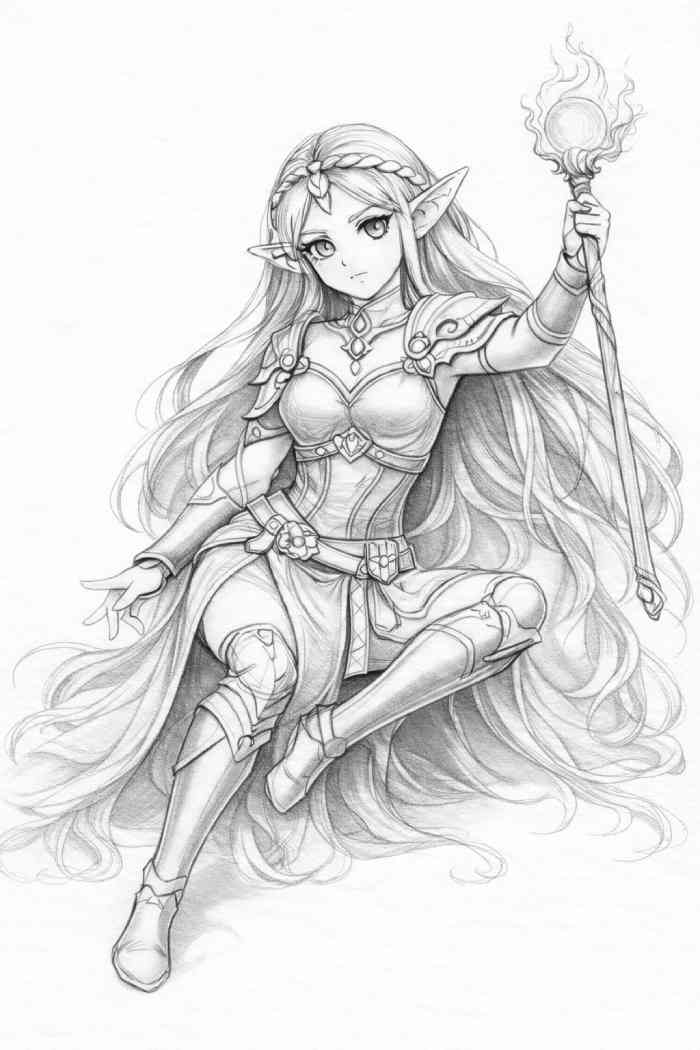 Fantasy girl drawing with final details, fabric textures, hair strands, and realistic shading