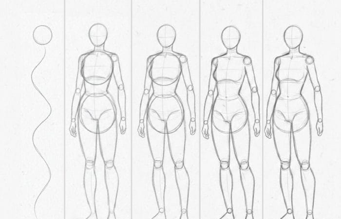 Step-by-step female figure drawing showing gesture line, head circle, torso ovals, and limb construction