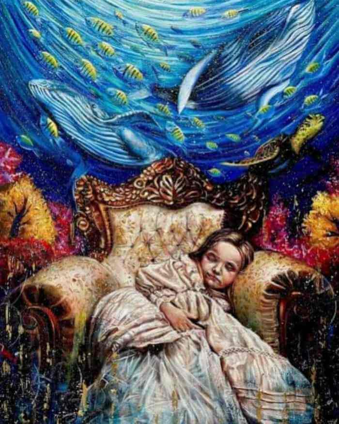 Surreal oil painting of a sleeping child on an armchair beneath an underwater scene with whales and fish by artist Andrea Castañeda