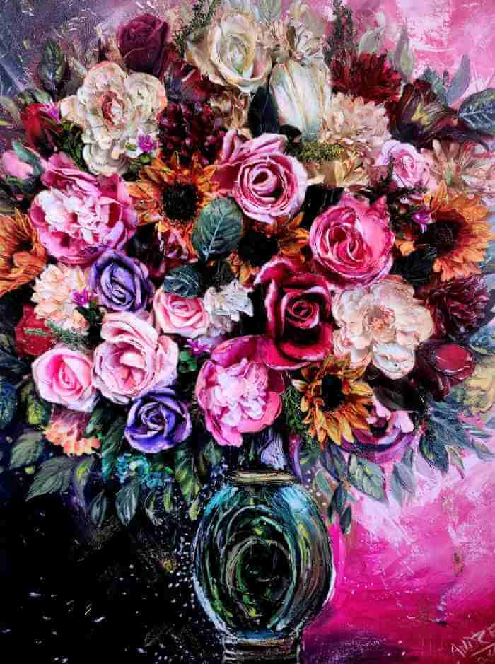 Colorful mixed media floral still life painting with roses and textured brushwork by artist Andrea Castañeda