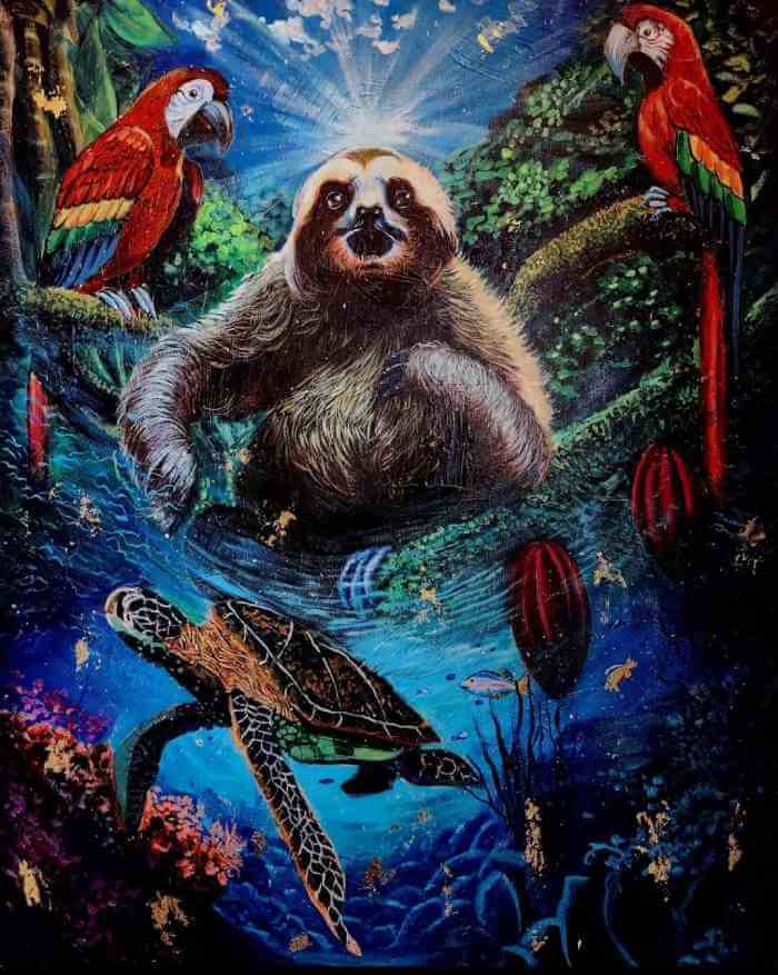 Vibrant surreal painting by Andrea Castañeda featuring a sloth surrounded by parrots, a sea turtle, and lush jungle and ocean elements symbolizing harmony with nature