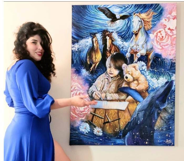 Surreal fantasy oil painting of a child with animals, ocean waves, and horses, displayed beside the artwork by artist Andrea Castañeda