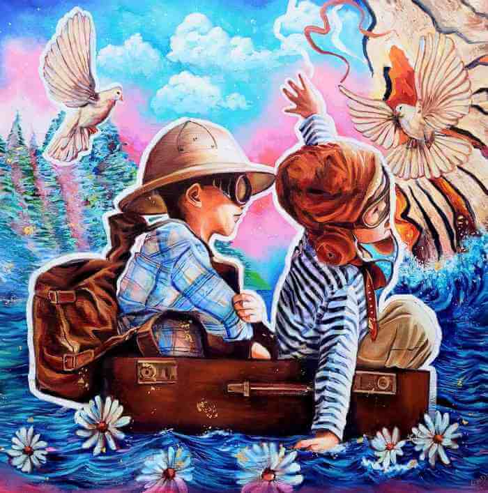 Whimsical oil painting of two children on a suitcase floating on water with birds and flowers by artist Andrea Castañeda