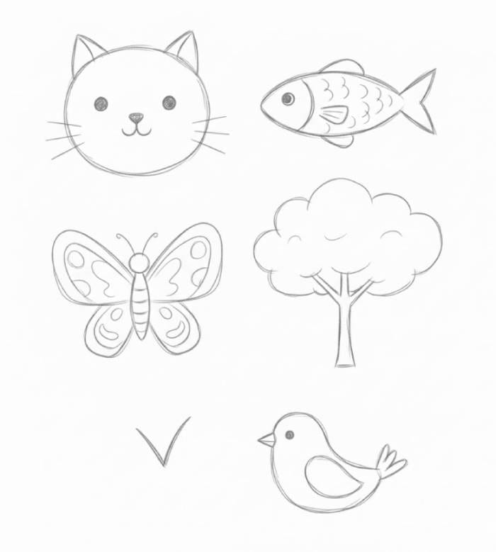 Beginner friendly living things drawing like cat fish butterfly tree and bird