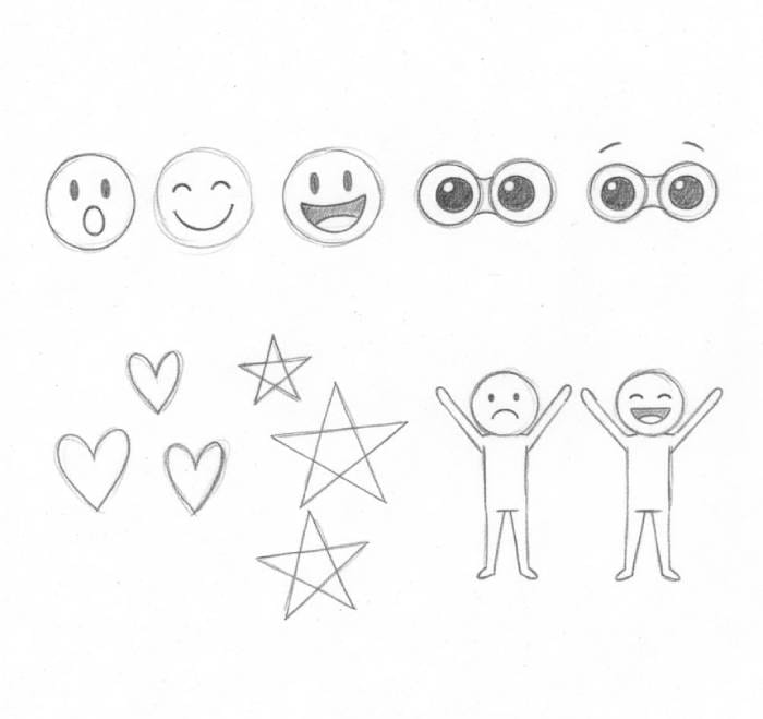 Cute and fun doodles drawing with smiley faces hearts stars and stick figures