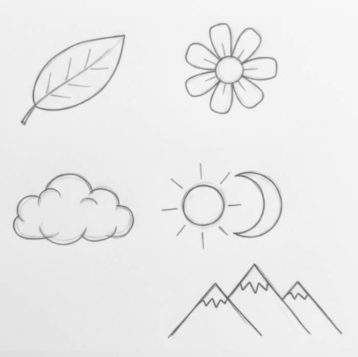 Easy nature inspired drawing ideas like leaf flower cloud sun moon and mountains