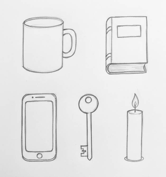 Easy everyday objects drawing like cup book phone key and candle