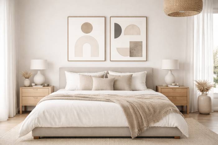 Minimalist art prints above a modern bed with neutral furniture and simple decor