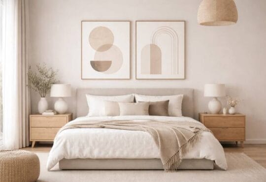 Creative use of minimalist art above a modern bed with neutral furniture and soft decor