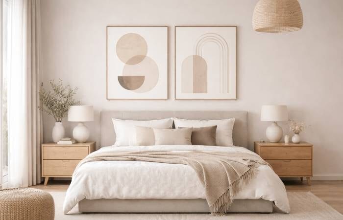 Creative use of minimalist art above a modern bed with neutral furniture and soft decor