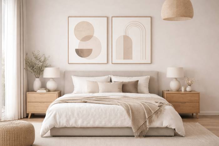 Creative use of minimalist art above a modern bed with neutral furniture and soft decor