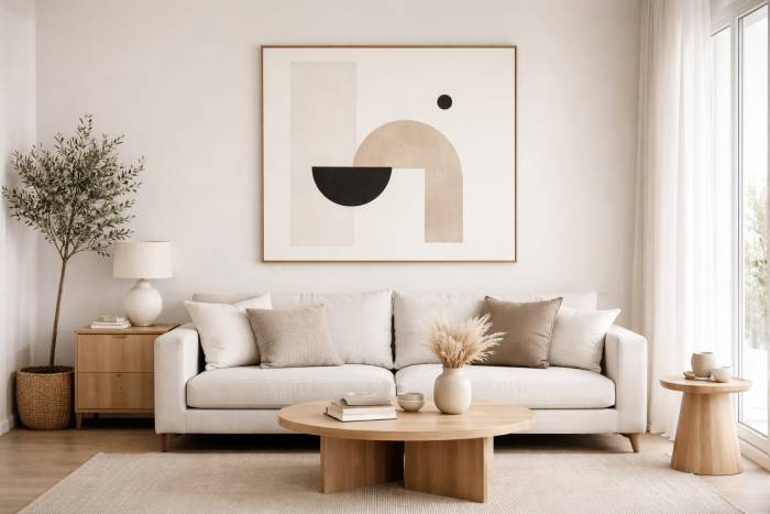 Minimalist art wall decor above a neutral sofa in a modern interior design living room