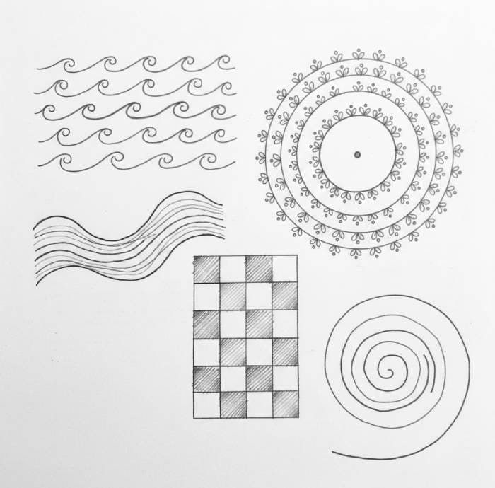 Relaxing and mindless drawing ideas with waves mandala patterns checker and spirals