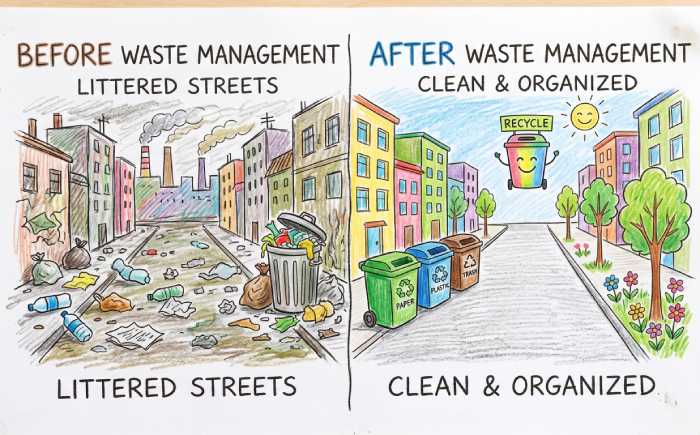 Before and after waste management scene showing transformation from polluted area to clean green environment