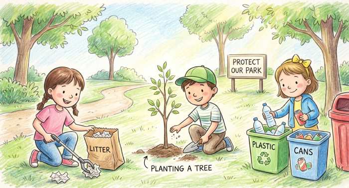 Children protecting nature drawing showing kids planting trees cleaning the environment and promoting sustainability