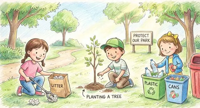 Children protecting nature drawing showing kids planting trees cleaning the environment and promoting sustainability