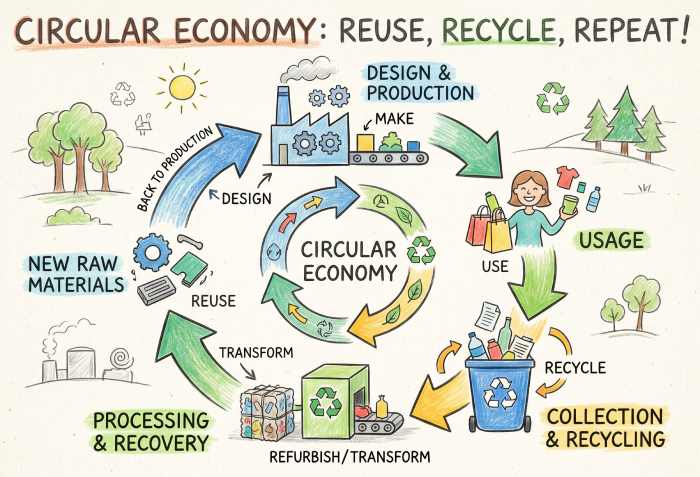 Circular economy concept artwork showing recycling reuse resource conservation and sustainable waste management