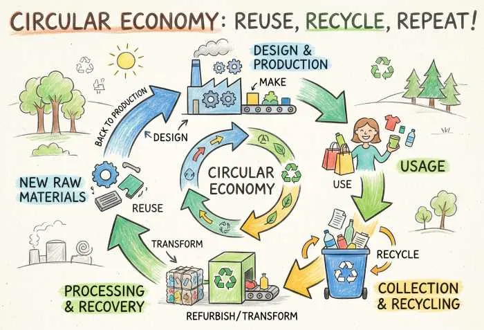Circular economy concept artwork showing recycling reuse resource conservation and sustainable waste management