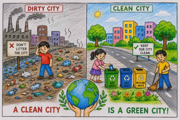 Clean City Green City drawing showing clean streets trees recycling bins and environmental awareness