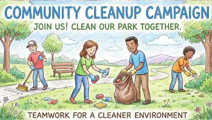 Community cleanup campaign poster showing volunteers collecting litter and promoting a clean environment