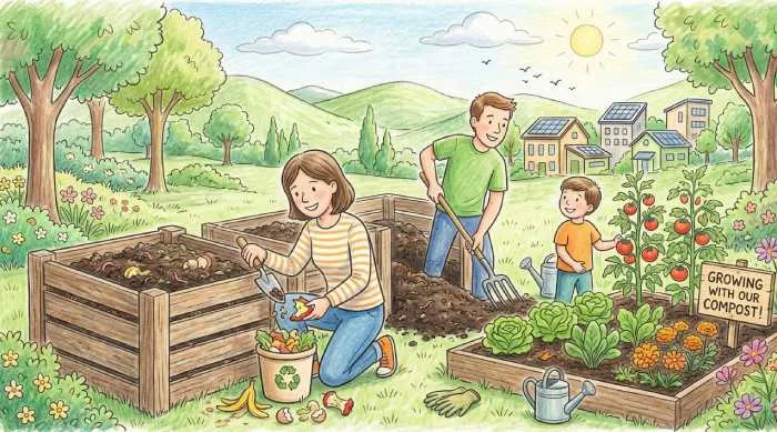 Composting organic waste drawing showing food scraps leaves and compost bins for eco-friendly waste management