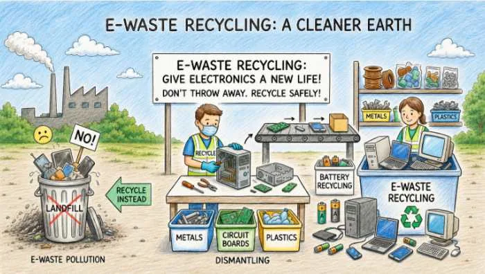 E-waste recycling drawing showing proper disposal and recycling of electronic waste such as computers phones and batteries