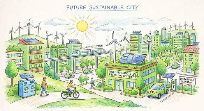 Future sustainable city drawing showing green buildings renewable energy smart transportation and eco-friendly urban living