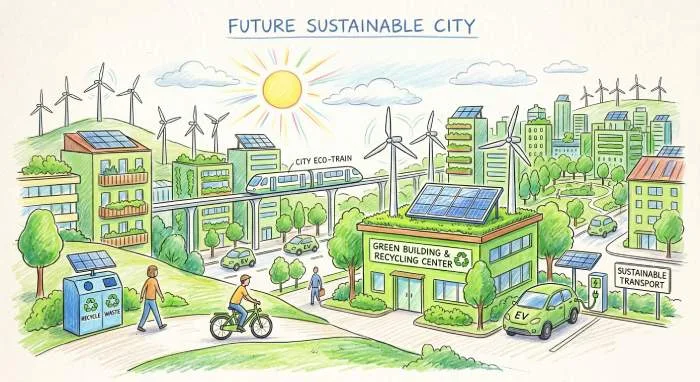 Future sustainable city drawing showing green buildings renewable energy smart transportation and eco-friendly urban living