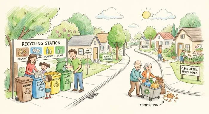 Green neighborhood waste management scene showing recycling bins clean streets trees and eco-friendly community practices