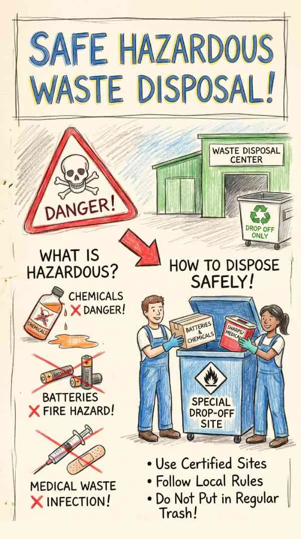 Hazardous waste disposal poster showing safe handling and disposal of toxic chemical and electronic waste