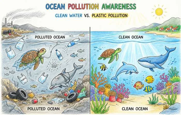 Ocean pollution awareness artwork showing plastic waste in the sea and the need for marine conservation