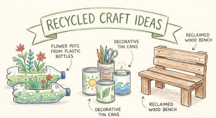 Recycled craft ideas drawing showing creative projects made from recycled materials and household waste