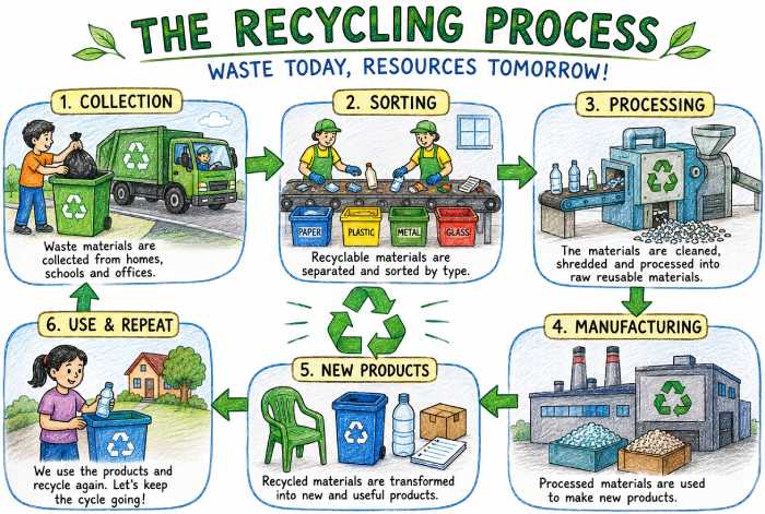 Recycling process illustration showing waste collection sorting processing and creation of new recycled products