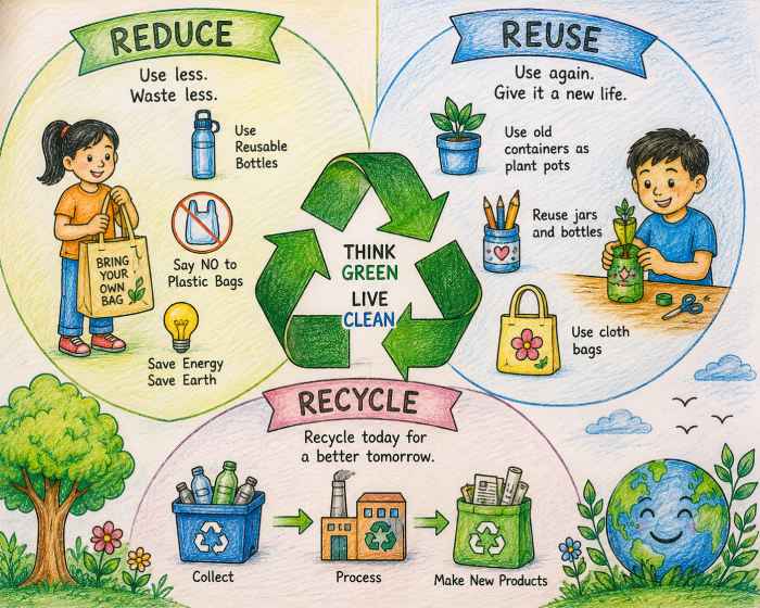 Reduce Reuse Recycle poster drawing showing eco-friendly habits recycling process and environmental awareness