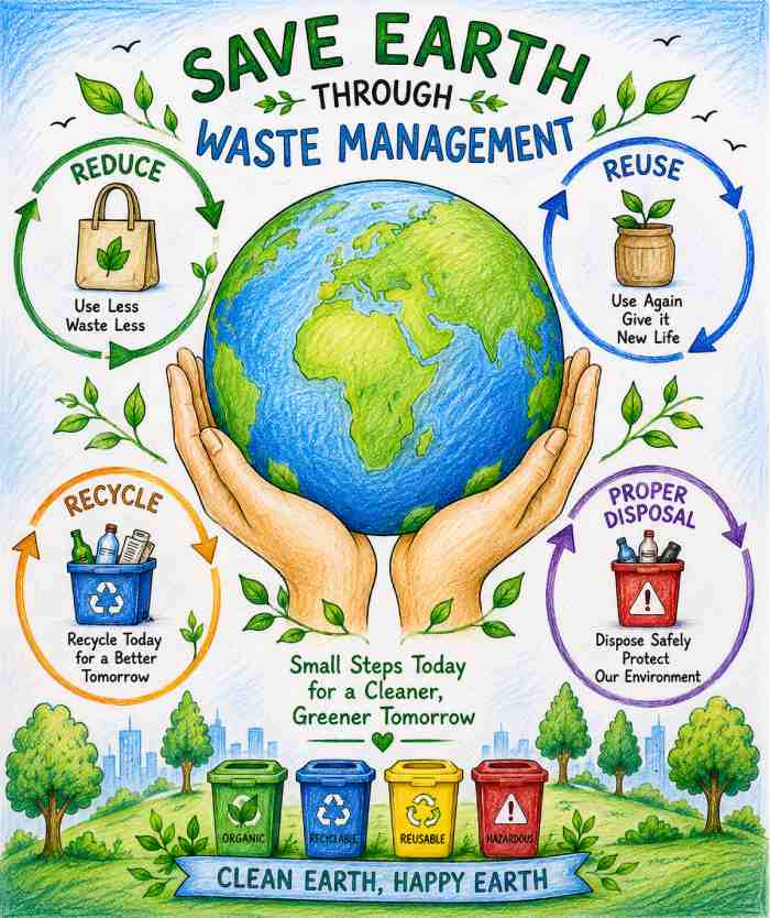 Save Earth through waste management artwork showing reduce reuse recycle proper waste disposal and environmental protection