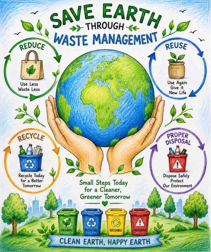 Save Earth through waste management artwork showing reduce reuse recycle proper waste disposal and environmental protection