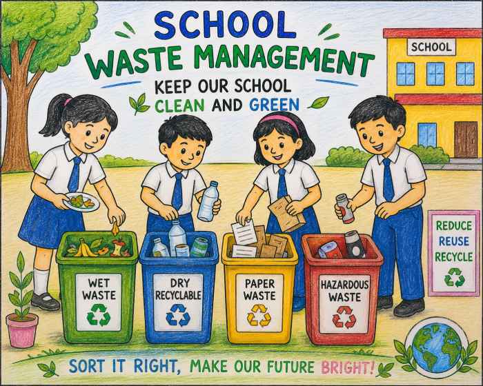 School waste management poster showing recycling waste segregation and environmental awareness for students