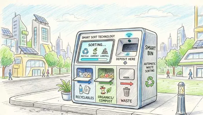 Smart waste bin drawing showing automated waste sorting technology and eco-friendly waste management