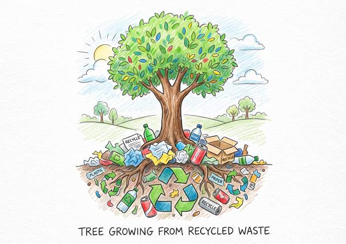 Trees growing from recycled waste drawing showing recycling sustainability and environmental conservation