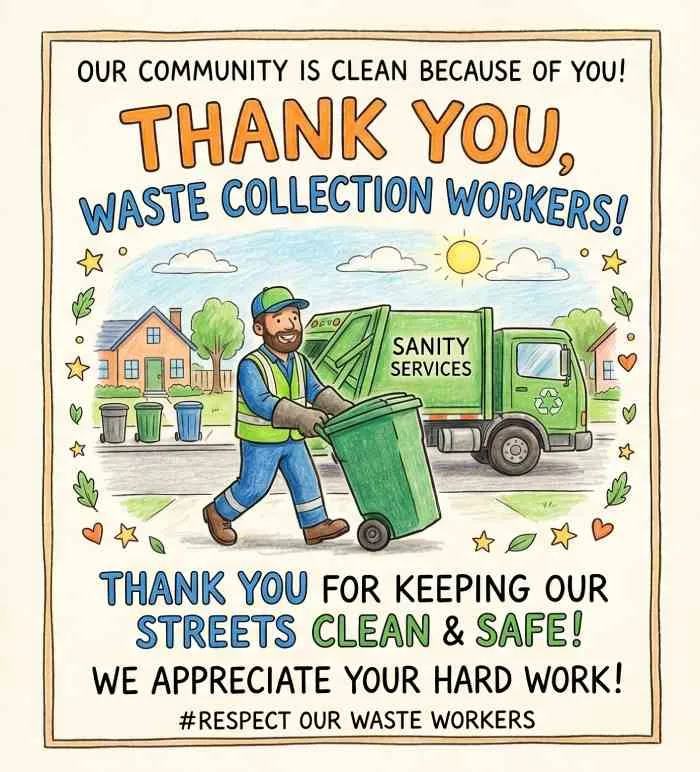 Waste collection worker appreciation poster honoring sanitation workers for keeping communities clean and healthy