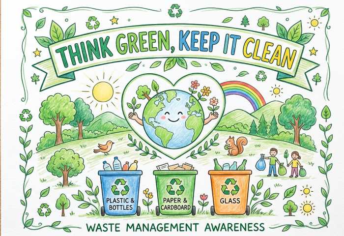 Waste management awareness slogan poster promoting recycling waste reduction and environmental responsibility