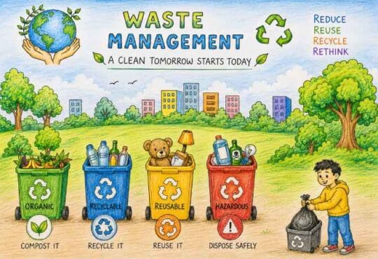 Waste management drawing showing segregation of waste bins for organic recyclable reusable and hazardous waste