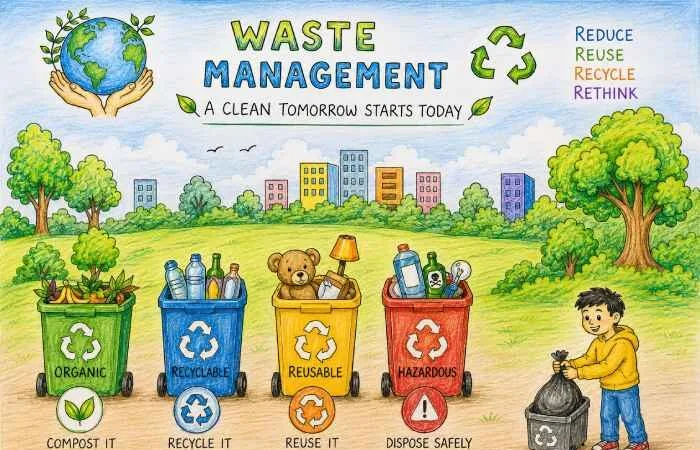Waste management drawing showing segregation of waste bins for organic recyclable reusable and hazardous waste