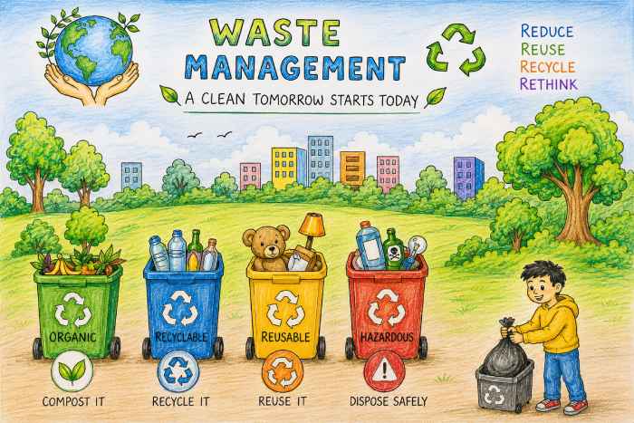 Waste management drawing showing segregation of waste bins for organic recyclable reusable and hazardous waste