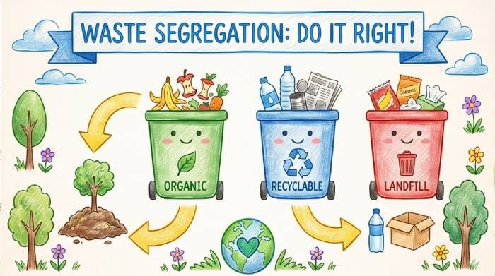 Waste management posters showing recycling, segregation of waste, and environmental awareness messages