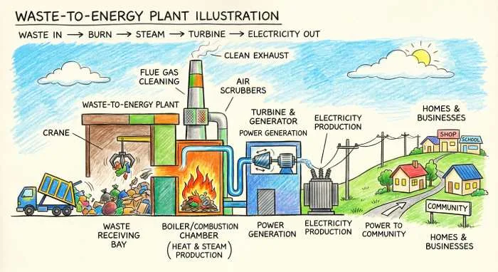 Waste-to-energy plant illustration showing conversion of waste into electricity and renewable energy