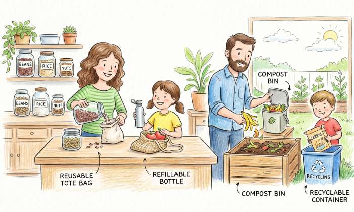 Zero waste lifestyle illustration showing reusable products recycling composting and sustainable living practices